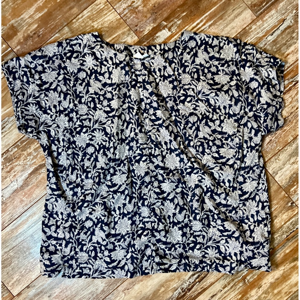 Pure Jill J. Jill Navy Blue Floral 100% Linen Short Sleeve‎ Top XL WTP241471
